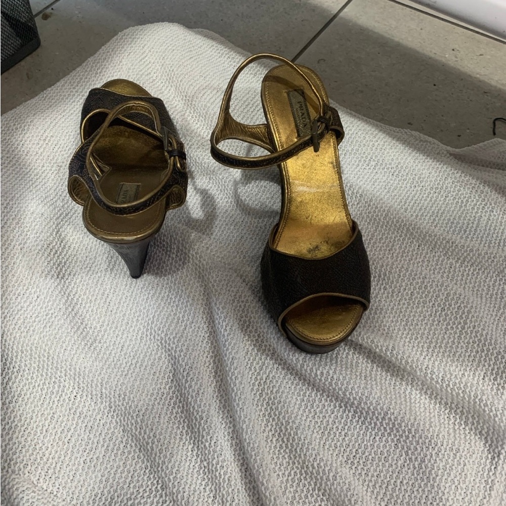 Prada Copper Leather Platform Wedge Sandals